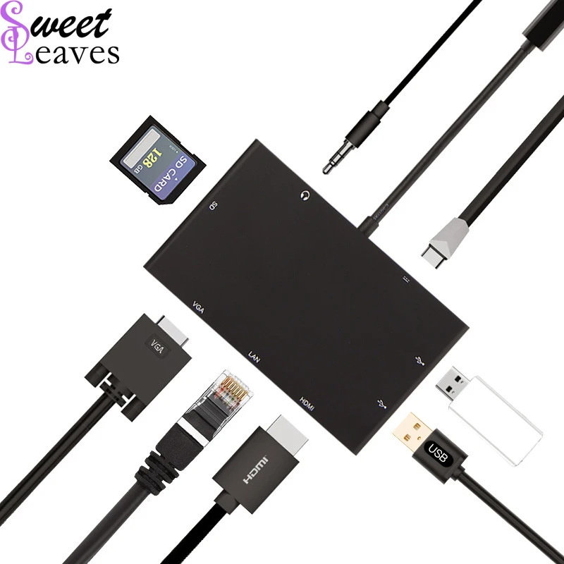 

USB C 3.1 Type C HUB to HDMI VGA RJ45 1080p HDMI USB3.0 Adapter SD Card Reader 3.5mm Audio Type-C PD Charge Adapter For Macbook