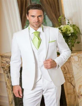 

2019 New Design Peaked Lapel White Groom Tuxedos Peak Lapel Wedding Dress Party Tuxedos Dinner Suits(Jacket+pants)