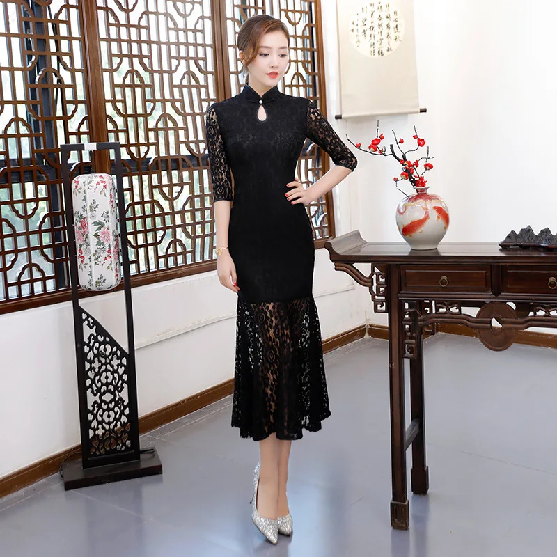 Новое поступление Летняя черная труба повседневные платья традиционные Для Женщин Половина рукава длинные Qipao Леди кружева сексуальный
