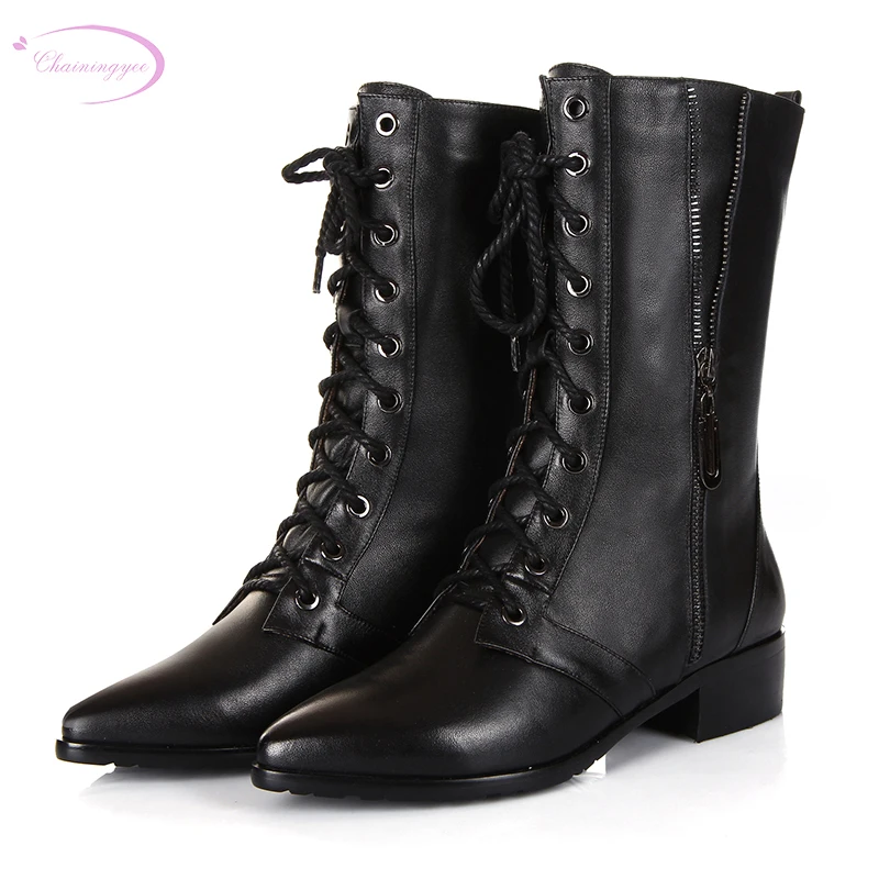 

Chainingyee casual style sexy pointed toe genuine leather mid-calf boots zipper black thick middle heel women's riding boots
