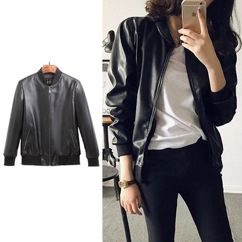 

Spring Autumn PU Leather Jacket Large Size Slim Thin Outwear Short Female Solid Color O-neck Collar Motorcycle Streetwear A-021