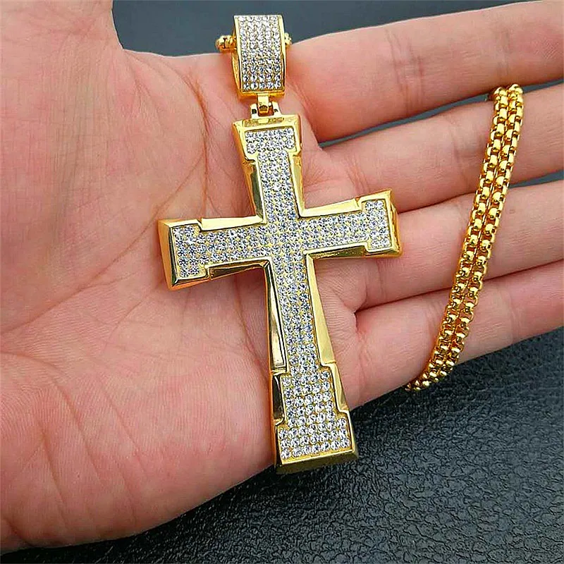 

Hip Hop Men's Full Crystal AAA CZ Cubic Zirconia Rhinestone Big Cross Charm Pendant Stainless Steel Gold Chain Necklace Jewelry