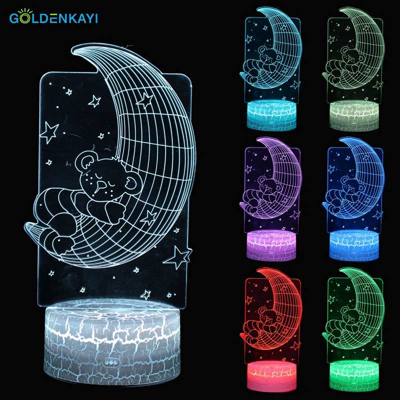 

GOLDENKAYI 3D LED Originality Night Lights Atmosphere Visual Lamp Touch Moon Bear Bedside Seven Colors Light Gift For Birthday