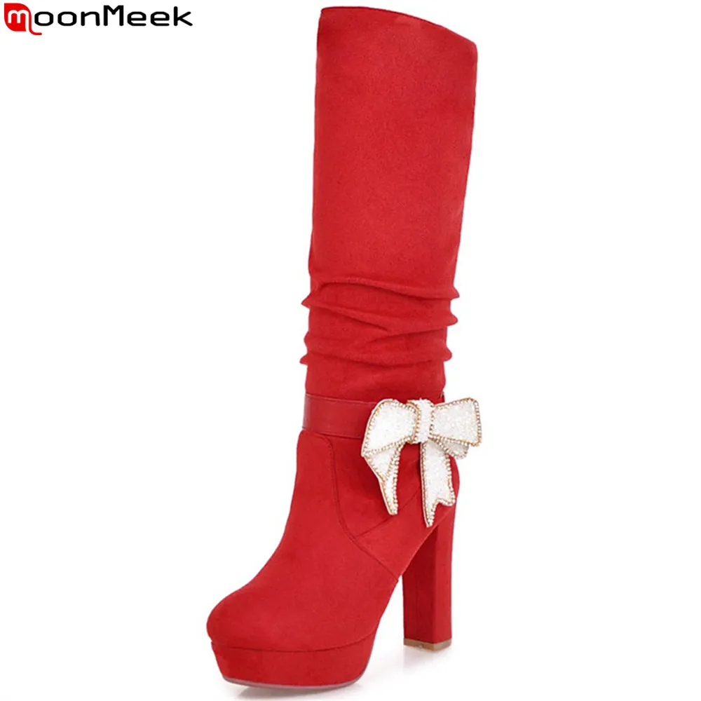 

MoonMeek fashion winter new Arrival women boots round toe platform ladies boots thick heel flock butterfly knot knee high boots