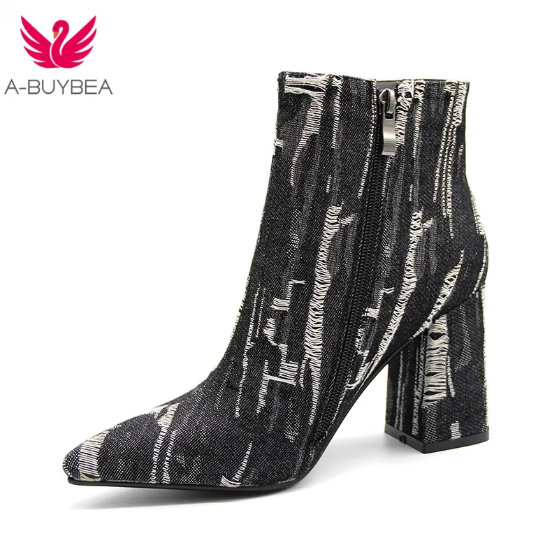 

A-BUYBEA 2018 New Women Ankle Boots High Square Heel Denim Upper Zip Pointed Toe Classic Fashion Woman Shoes Plus Size 34-43