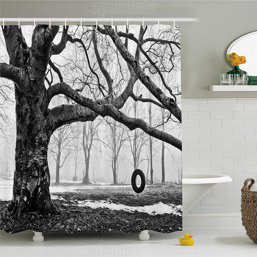 Nature Shower Curtain Tree Of Life Theme With An Old Fashion Tire Swing Unused In Park Forest Image Fabric Bathroom Decor Set Shower Curtains Aliexpress