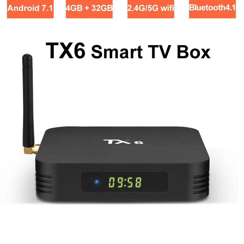 Antenna Android Smart TV Box 4GB RAM 32GB ROM Dual Band Wifi 2.4G/5G Allwinner H6 Quad Core 4K