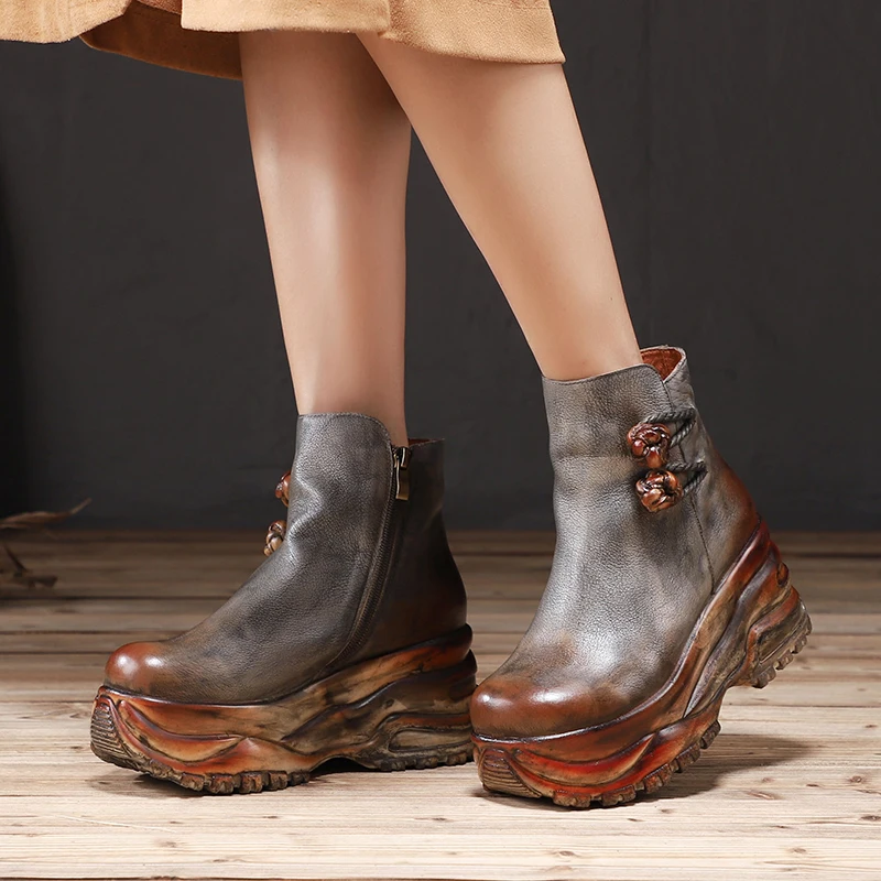 Goedkoop VALLU Beroemde Luxe Hoge Platform Wiggen Schoenen Vrouw Nieuwe Aankomst Vrouwelijke Bloemen Laarzen Effen Licht Nationale Dame Enkellaarsjes