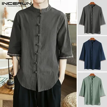 

INCERUN Chinese Style Men Shirt Cotton Retro Button 3/4 Sleeve Male Dress Shirts Leisure Stand Collar Tops Camisa Plus Size 2020