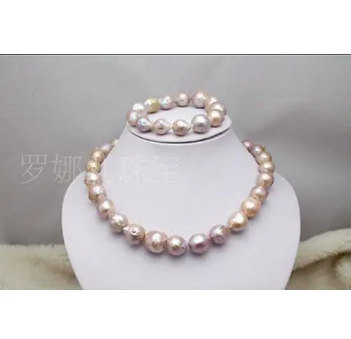 

Free Shipping >>>>>14-15mm south sea round pink purple multicolor pearl necklace bracelet