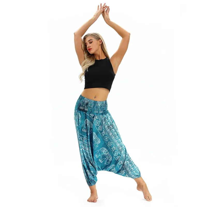 capri dress W-Yunna Ladies Women Beach Pants Trousers Boho Gypsy Hippie Women Wide Leg Harem Peacock Feather Print Elastic Pants Trousers plus size clothing Pants & Capris