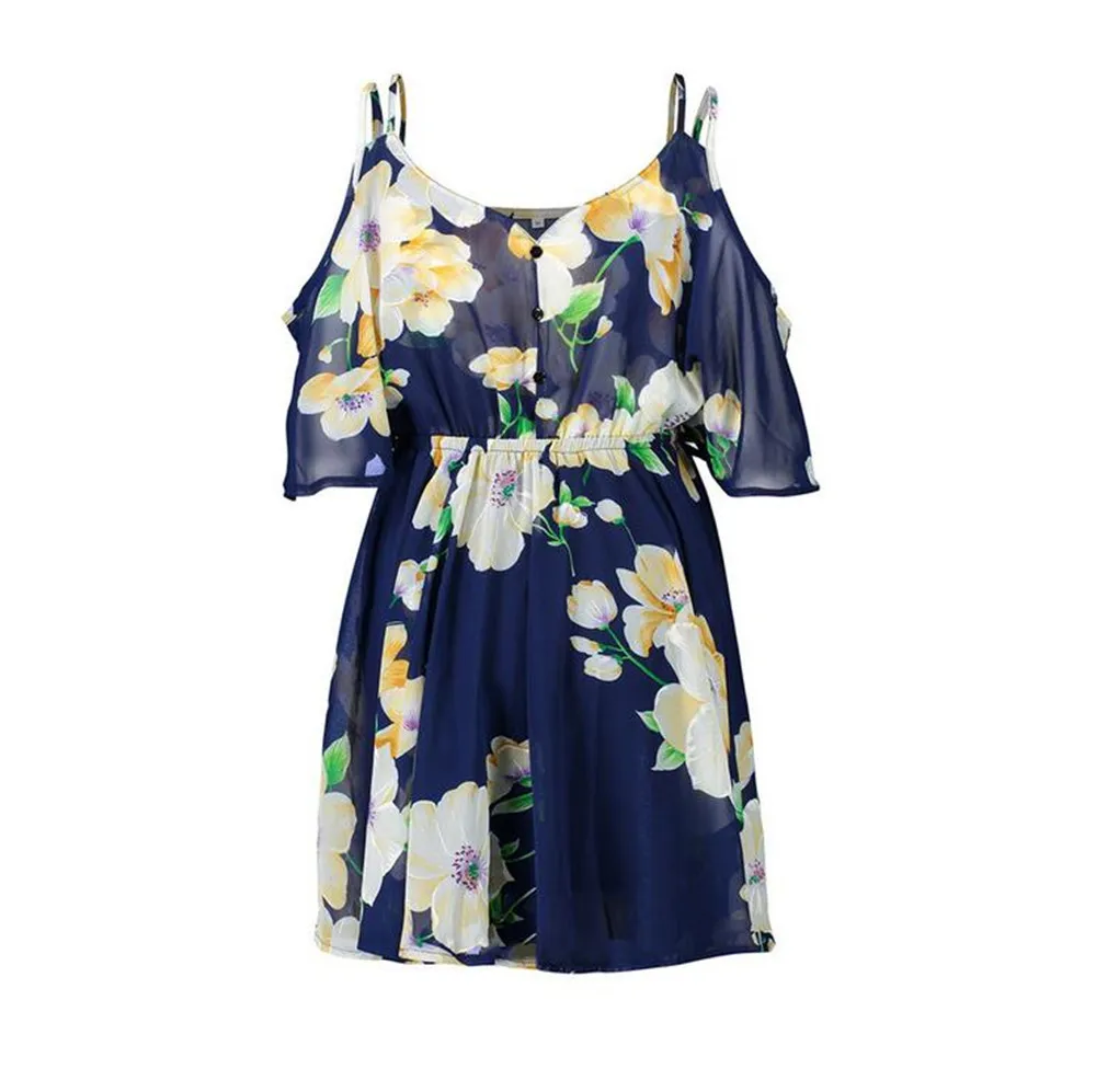 Casual Beach Dress Cold Shoulder ruffle print Summer dresses women High waist strap chiffon beach dress Boho party sexy dresses (10)