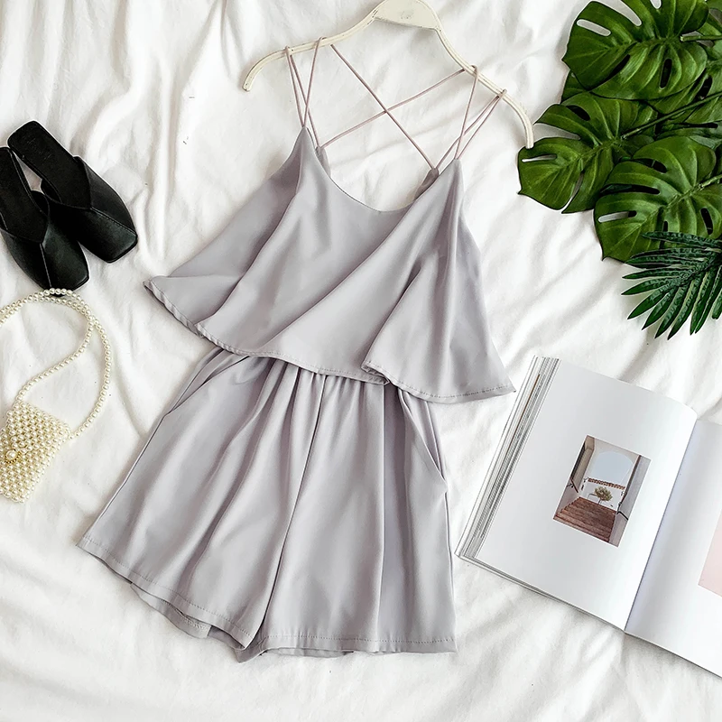 

2019 new fashion women's romper solid color ruffled cross straps side pants seaside holiday casual jumpsuits