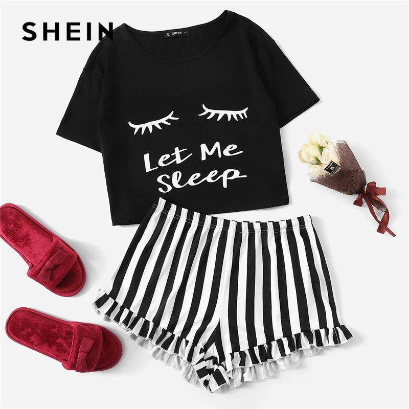 

SHEIN Black Graphic Tee Frilled Striped Shorts PJ Round Neck Short Sleeve Set 2019 Summer Women Patchwork Sleepwear