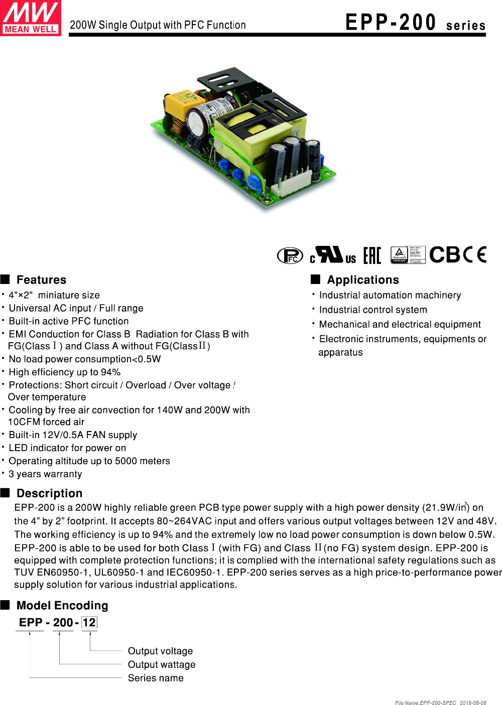 Блок питания Meanwell с одним выходом EPP-200 с функцией PFC с открытой рамкой 200W 12 V/16.7A 15 V/13.A 24 V/8.4A 27 V/7.5A 48 V/4.2A