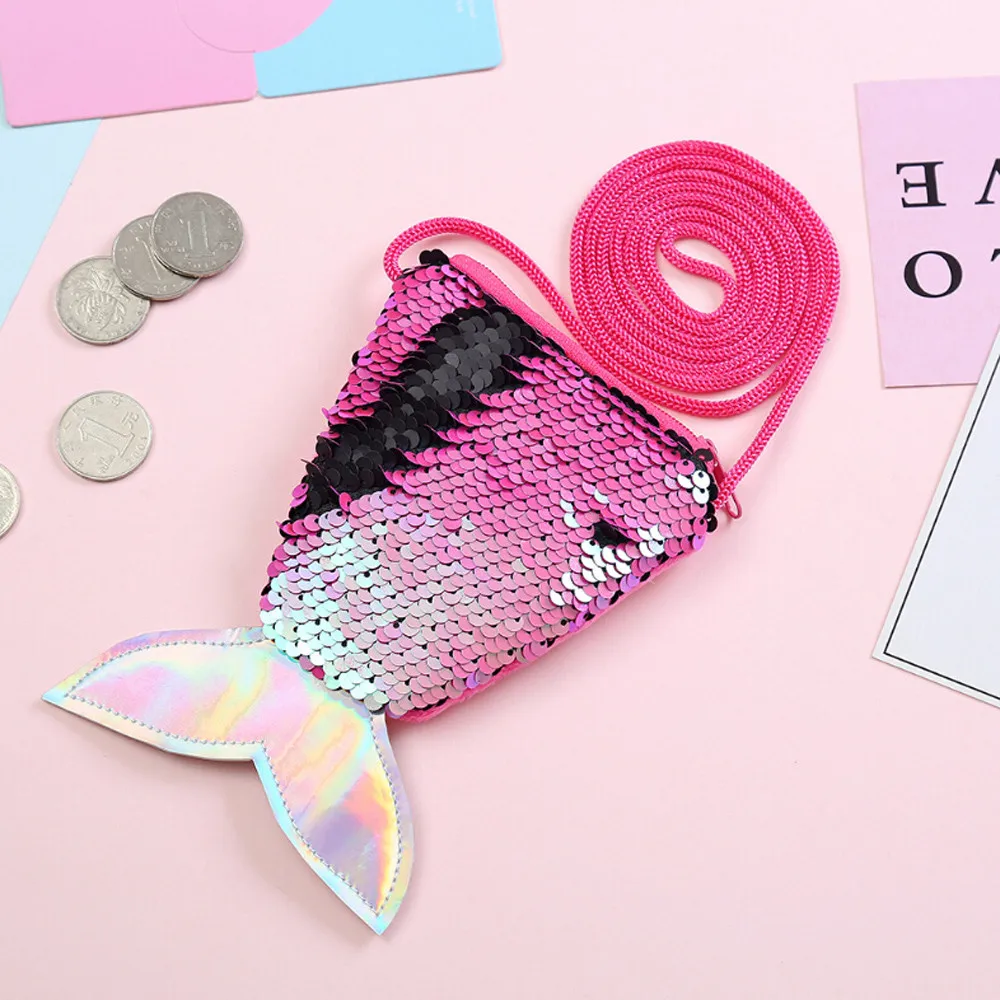 Женские кошельки с блестками, кошельки для монет, женские сумки для девочек, кошельки на молнии, милый кошелек, мешочек для ключей, маленький миниатюрная монетная сумка с рыбьим хвостом - Цвет: Ярко-розовый