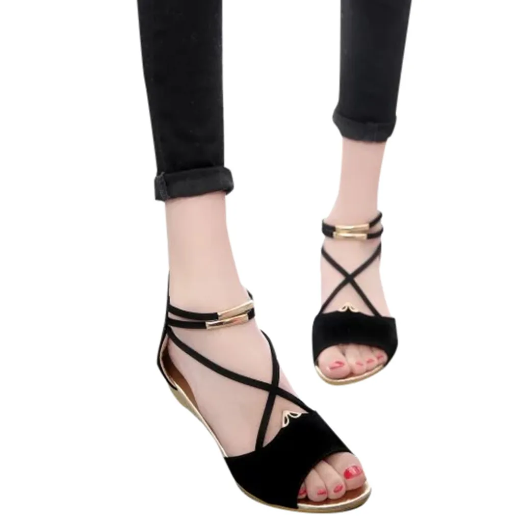 Women's sandals solid color suede wedges fish mouth cross straps sandals Roman shoes beach shoes C3