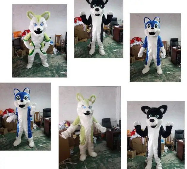 

Halloween Carnival Advertising Long Fur Blue White Husky Dog Mascot Costume Suits Wolf Fox Cosplay Party Game Dress Adults Size