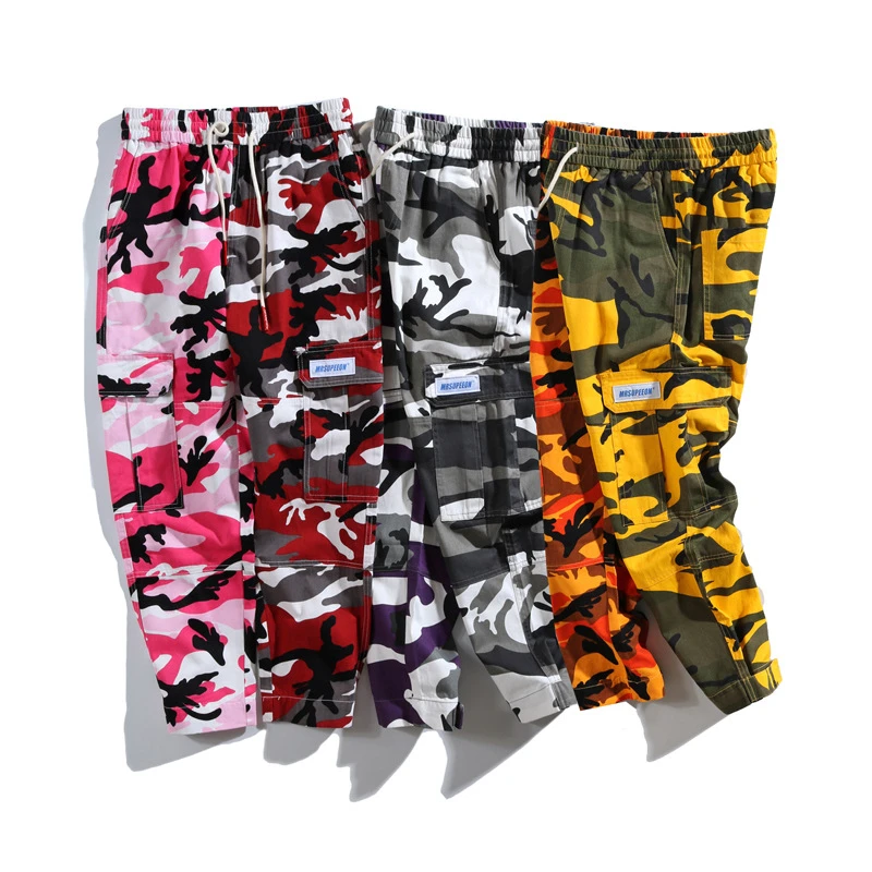 Двухцветные камуфляжные штаны в стиле хип-хоп, лоскутные камуфляжные военные рабочие брюки, повседневные хлопковые брюки с несколькими