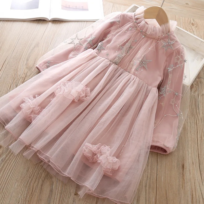 

girls tulle dress lace 3D Fower long sleeve embroidery flower baby girl clothes kids dresses fashion korean school