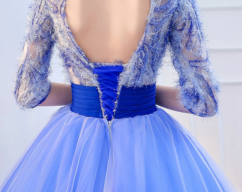 Cheap SSYFashion New Banquet Elegant Evening Dress Half Sleeved A-line Floor-length Blue Feather Prom Party Gown Custom Formal Dresses 6