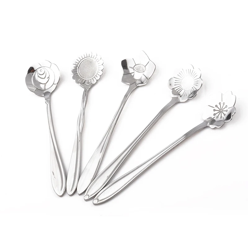 

5Pcs Stainless Steel Flower Shape Silver Spoon Set Sugar Tea Coffee Teaspoons Ice Cream Cake Dinnerware Kitchen Tool Tableware