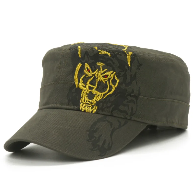 Сезонные повседневные стильные плоские шапки с вышивкой тигра, хлопковые Модные Военные шапки, регулируемые солнцезащитные кепки для мужчин и женщин - Цвет: ArmyGreen