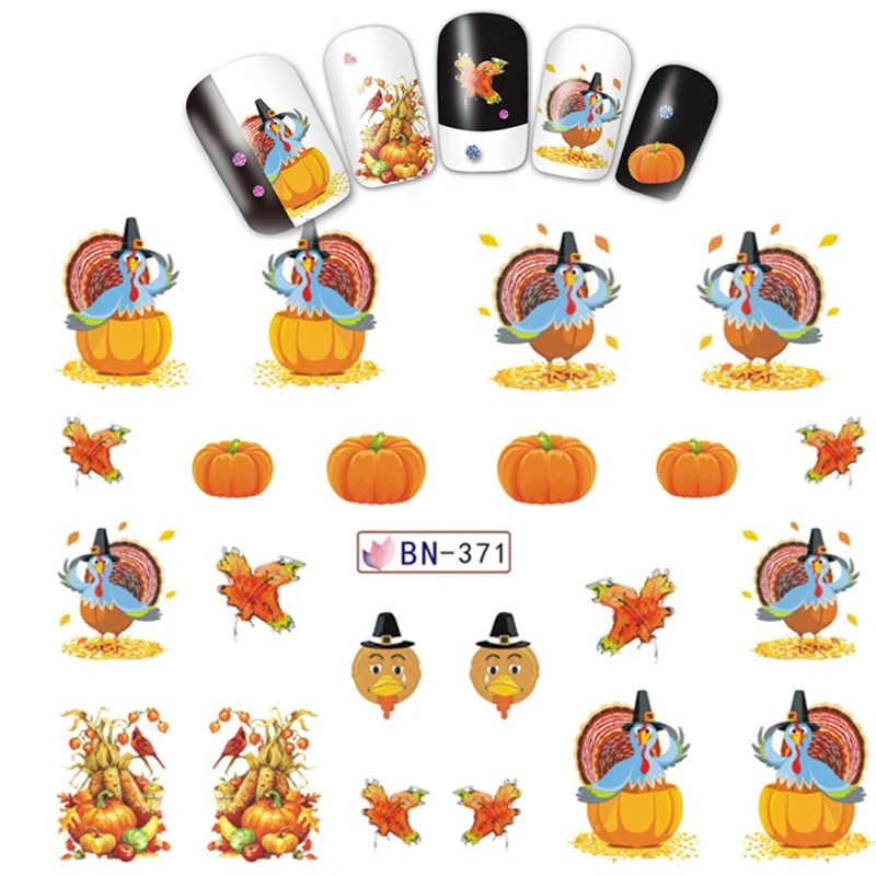 

12 Designs Water Transfer Nail Stickers Thanksgiving Nail Art Decal Harvest Holiday Autumn Maple Leaves Pumpkins Turkey