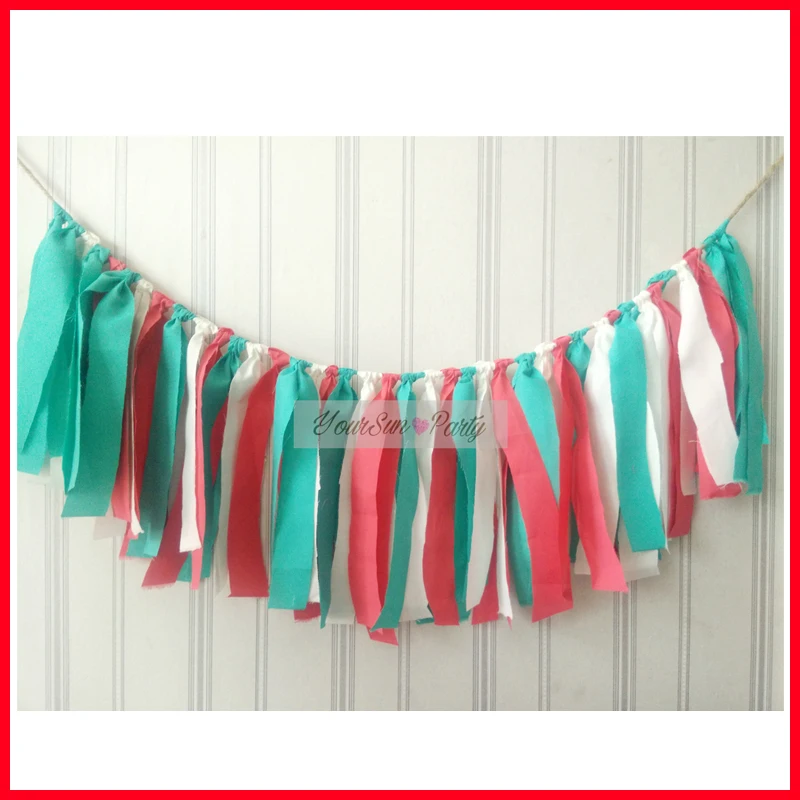 

Coral And Mint Rag Tied Banenrs For Baby Highchair Hanging Skirts 2016 Free Shipping Handmade Fabric Garlands Party Photo Props