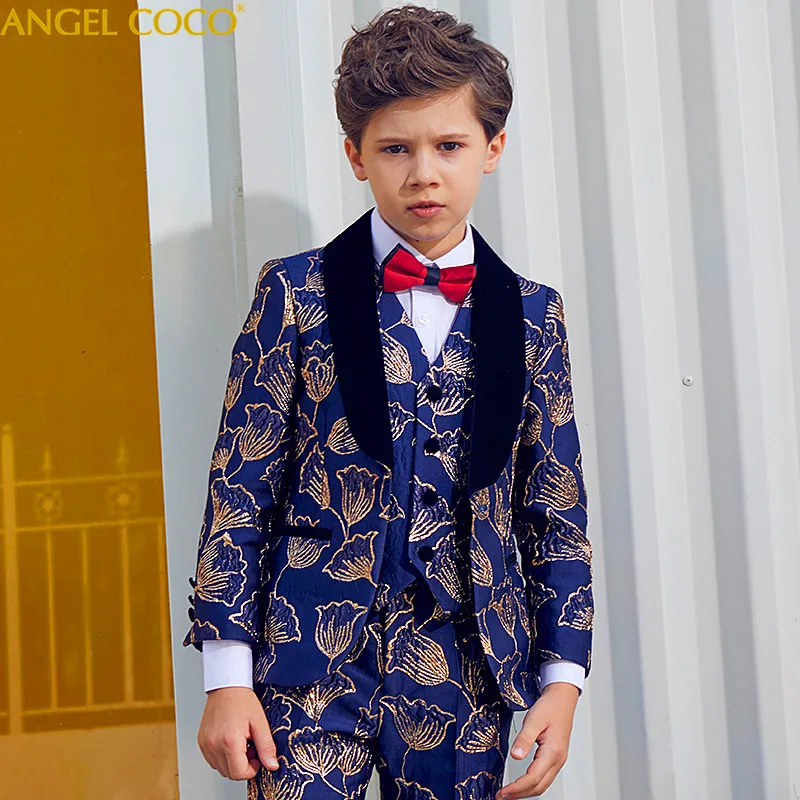 

British Style Presided Piano Performance Suits Children's Clothing Jacket Blue Golden Thread Blazers For Boys Suits For Weddings