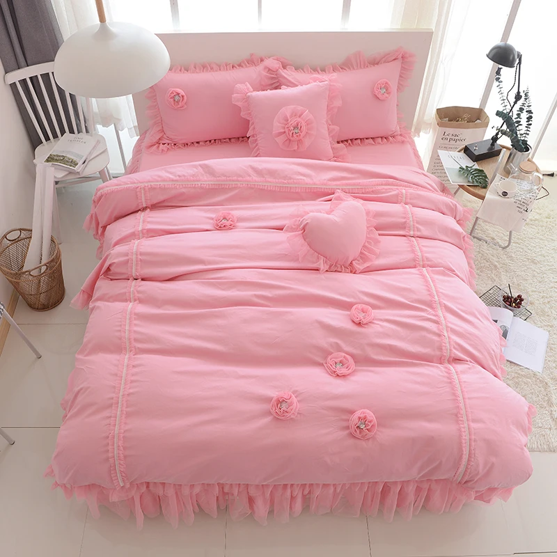 

100% Cotton lace princess Style Bedding Set 4/7pcs Quilt Cover applique Duvet Cover Bed skirt Pillowcase King Queen Twin