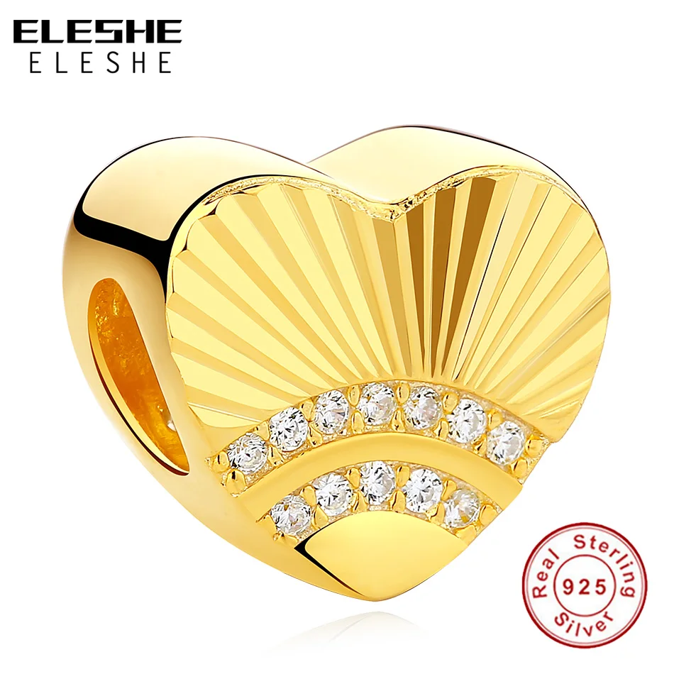 

ELESHE Luxury 925 Sterling Silver Charm Yellow Gold Fan of Love Heart Beads fit Original Charms Bracelet DIY Authentic Jewelry