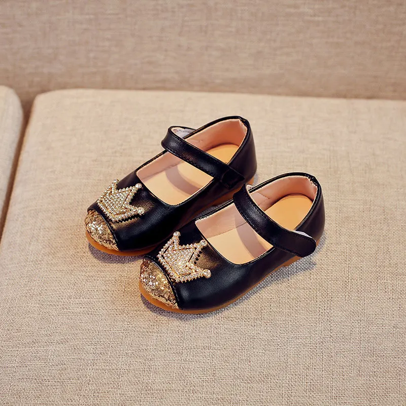Spring Kids princess Leather Shoes For Girls Children Girl Wedding Shoe Gold Black Crown Sequins Baby Girls Footwear