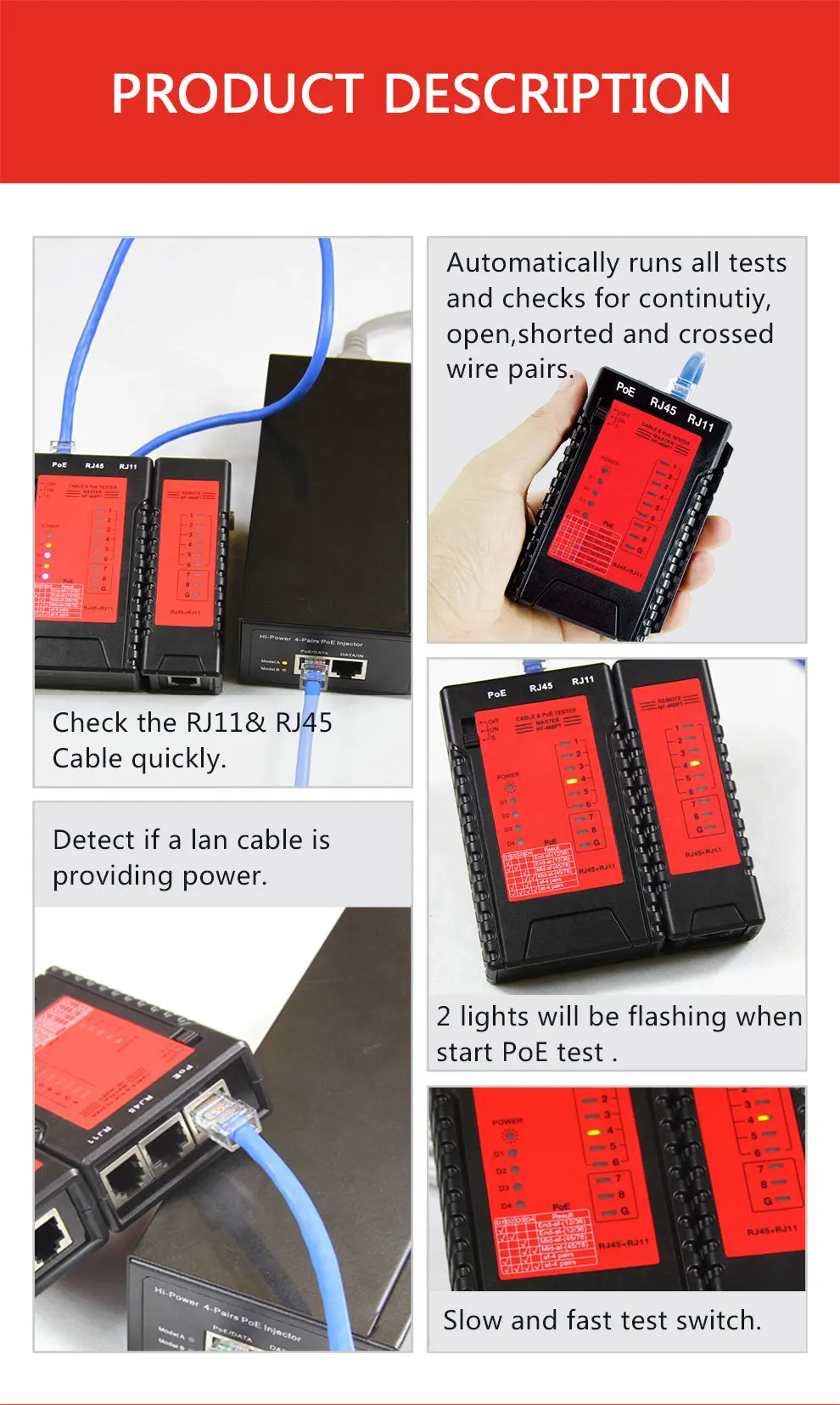 Тестеры непрерывности кабеля POE Тестер проверьте кабель RJ11 и RJ45 быстро обнаруживает автоматически тесты для непрерывности открытый коротковат