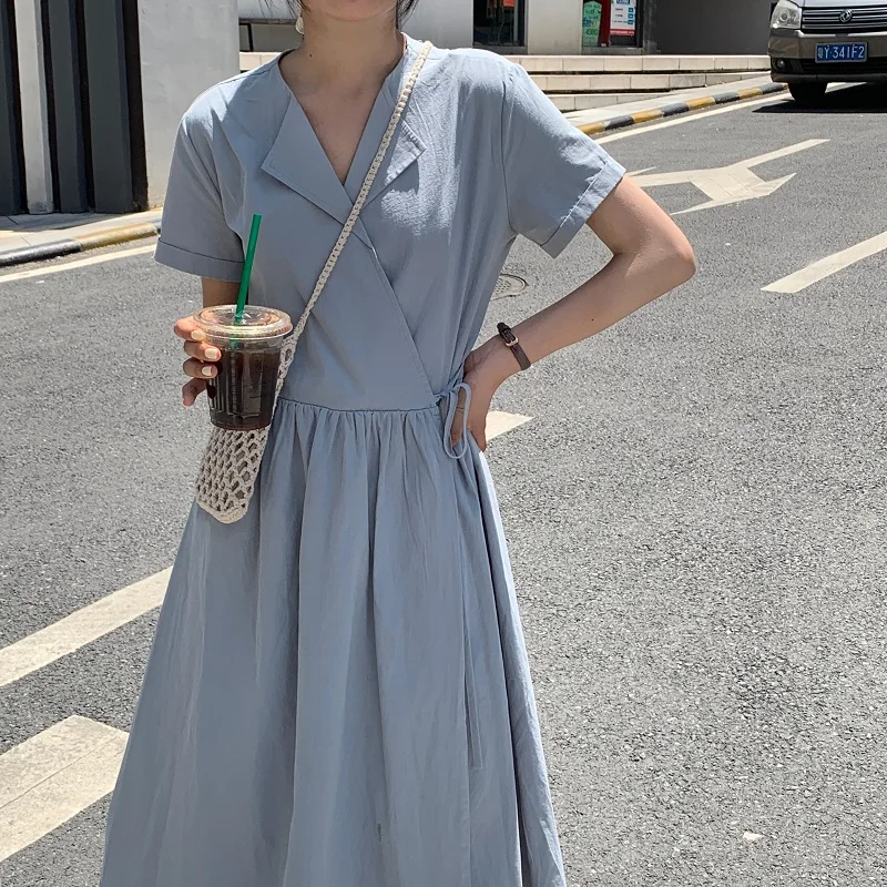 

Women Summer Blue Sexy notched A-line Long Blazer Dress Ladies Solid Wrap Vestidos Robe Femme Ete Casual Kleider Damen Jurken