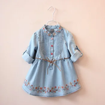 

2016 Spring atutumn New Arrival Baby Girls Long Sleeve Denim Dresses Girls Fashion Floral Embroidery Denim Dress Kids Dress