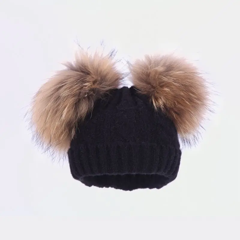 

Kids Pom Pom Wool Knitted Winter Caps Beanies For 1-5 Baby Boys Girls Dual Fur Ball Children's Warm Pompom Hat Bon