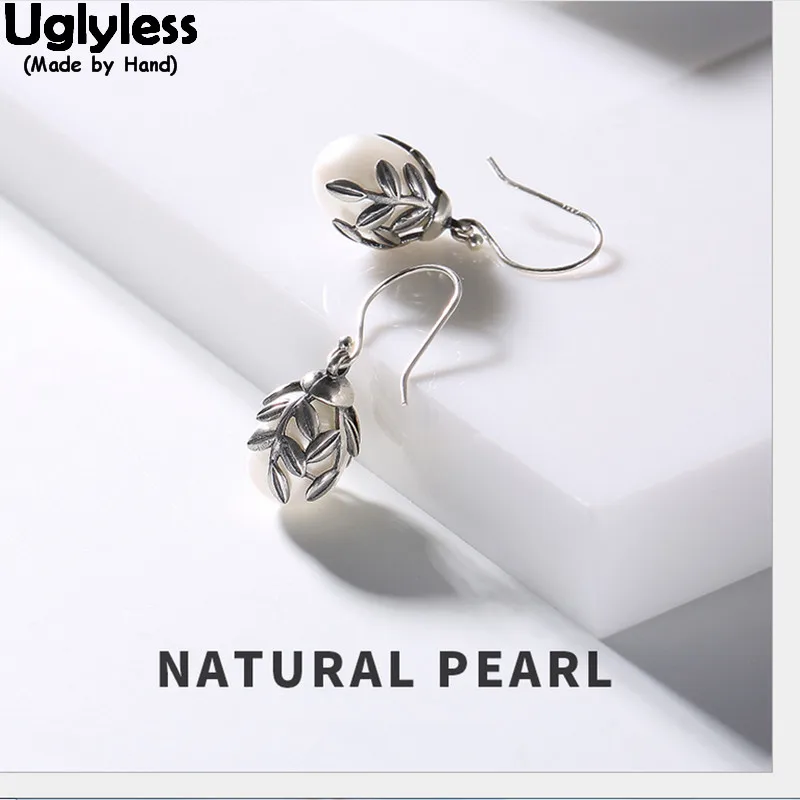 

Uglyless Natural Freshwater Pearls Earrings for Women Elegant Dress Fine Jewelry 100% Solid 925 Silver Leaf Earrings Thai Silver