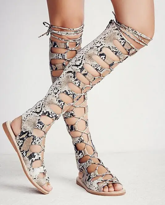 Stylish Snake Print Leather Flat Strappy Sandal Boots Peep Toe Cut-out Gladiator Sandal Boots Summer Dress shoes woman Size 34-4 Stylish Snake Print Leather Flat Strappy Sandal Boots Peep Toe Cut-out Gladiator Sandal Boots Summer Dress shoes woman Size 34-4
