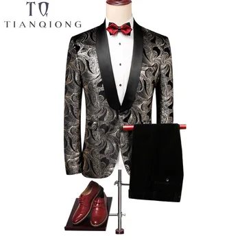 

TIAN QIONG Shawl Collar Mens Floral Suits with Pants Wedding Groom Prom Tuxedos for Men New Arrival Slim Fit Printed Male Suit