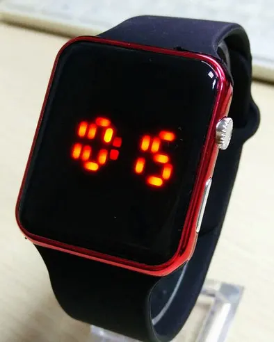 new square mirror face silicone band digital watch red led watches metal frame wristwatch sport clock