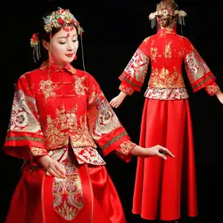 Невеста Cheongsam Винтаж китайский Стиль свадебное платье ретро тост Костюмы Леди Вышивка Феникс платье брак Qipao красная одежда