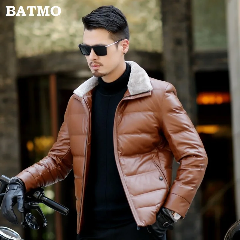 Batmo, Новое поступление, зимние куртки высокого качества из искусственной кожи, 90% белый утиный пух, шерстяные меховые воротники, мужские куртки, мужские коричневые кожаные пальто 801