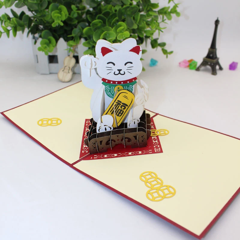  3D laser card Handmade Carving Blessed Lucky Lovely Japanese Fortune Cat Paper Invitation Greeting  - 32856986282