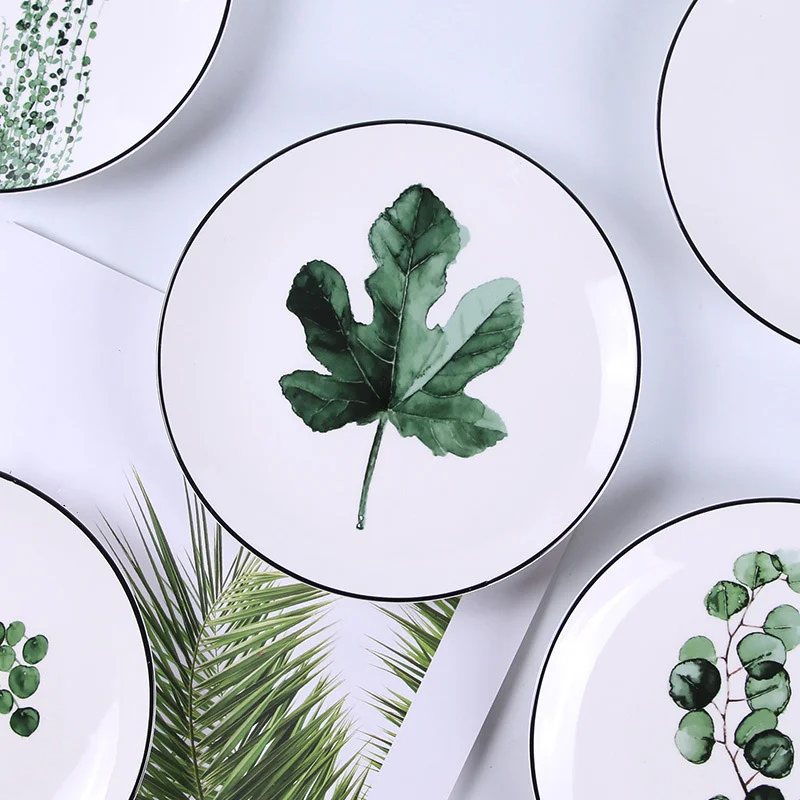 

1 Pcs Tropical Plant Green Leaves Round Dinner Plate for Dessert Fruit Lunch BDF99