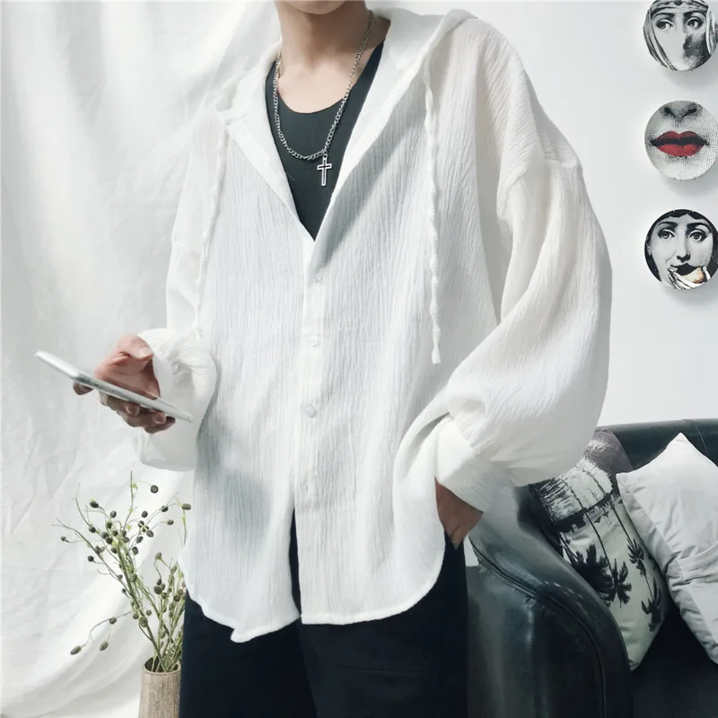 

Spring New Hooded Shirt Men Fashion Solid Color Long Casual Shirt Man Streetwear Trend Wild Loose Long-sleeved Shirt M-XL
