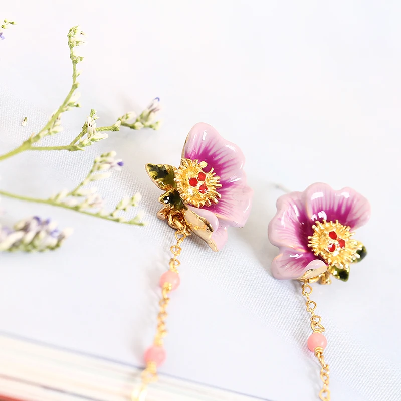 

Juicy Grape Hand Painted Enamel Glaze Violet Peony Flower Pendant Earrings Green Leaf Earrings 925 Silver Needle Woman Jewelry