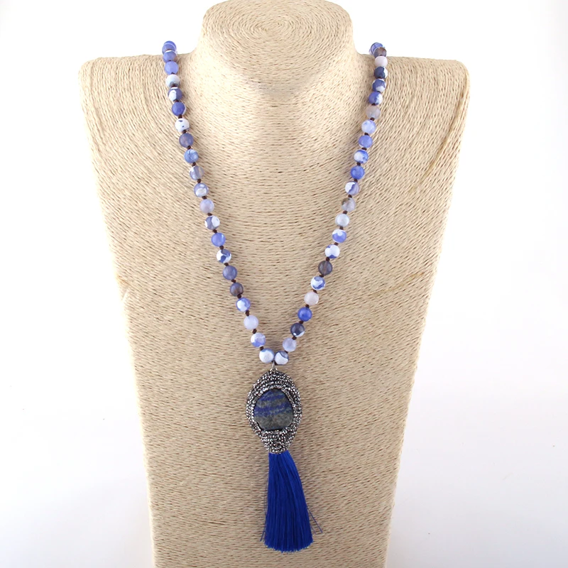 Модное богемное ювелирное изделие, длинное Узловое каменное ожерелье с кулоном из натуральной друзы и кисточкой для женщин, этническое ожерелье