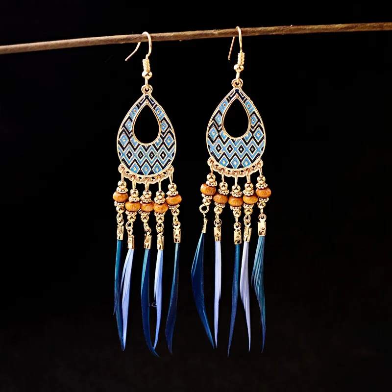 Ethnic Bohemian Boho Long Feather Indian Earrings For Women Brincos Bijoux Charm Gypsy Hippie Tribe Vintage Ladies Earrings