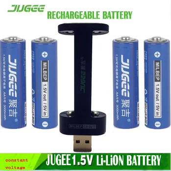 

jugee 4pack 1.5v 3000mWh AA rechargeable Li-polymer li-ion polymer lithium battery + 2 slots USB Charger